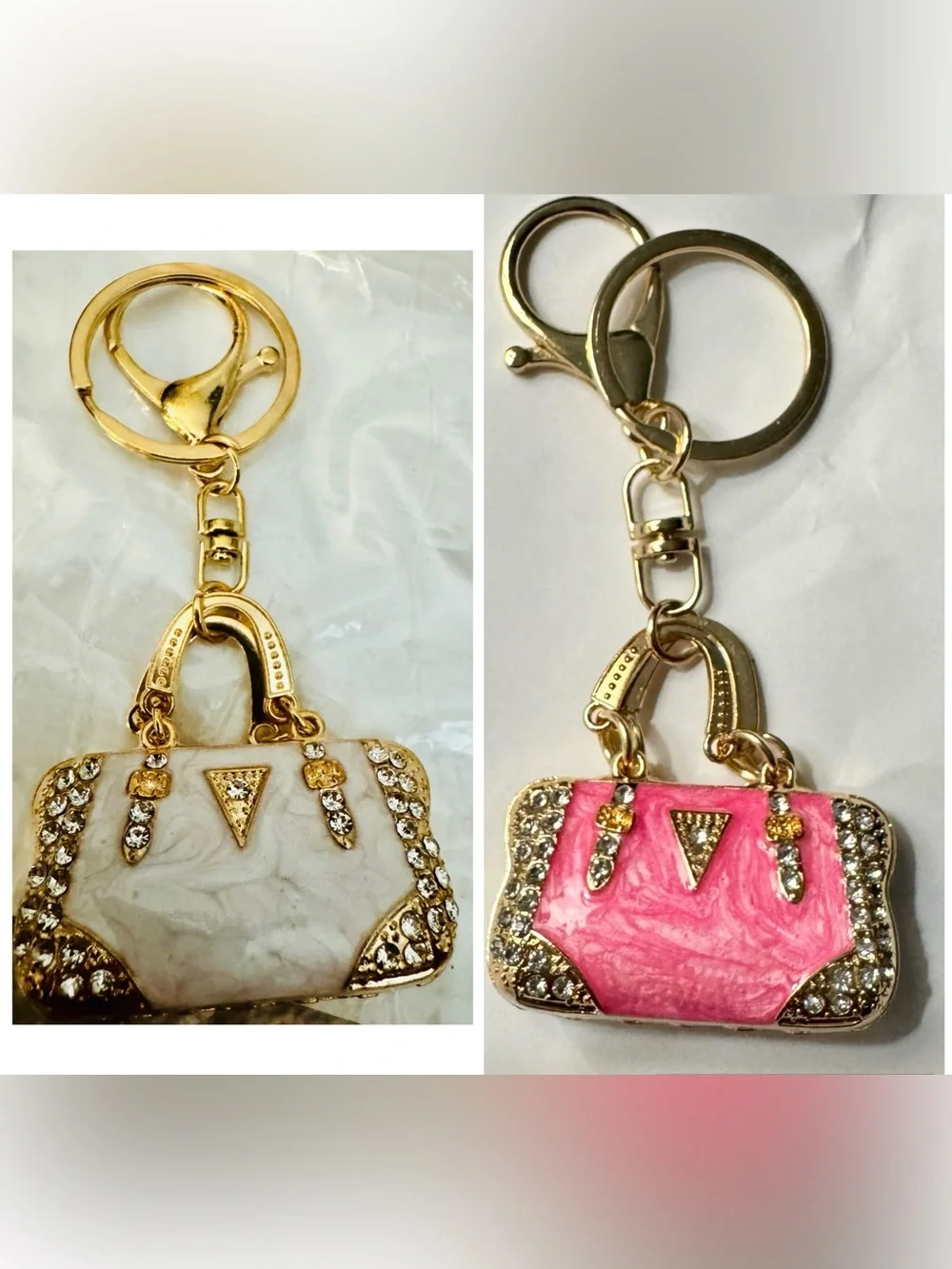 Unbranded Gold-Tone Pink OR Cream Rhinestone Handbag Keychain (price per 1)
